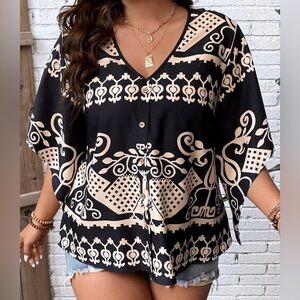 NEW 2 XL SHEIN LUNE Plus Graphic Print Batwing Sleeve Blouse